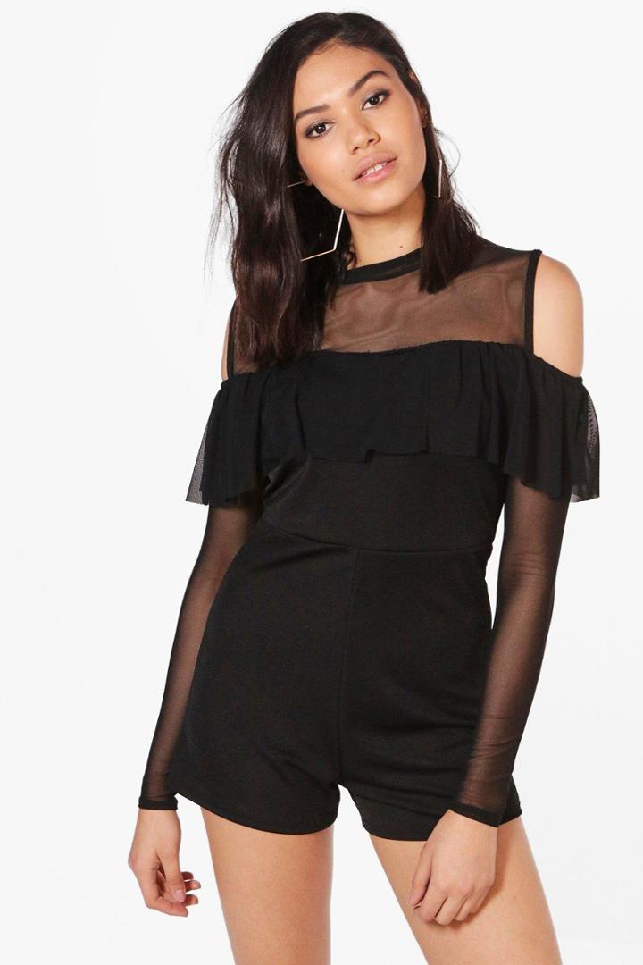 Boohoo Jen Cold Shoulder Mesh Ruffle Playsuit Black