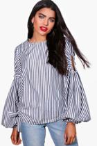 Boohoo Neave Striped Balloon Sleeve Ruched Side Top Navy