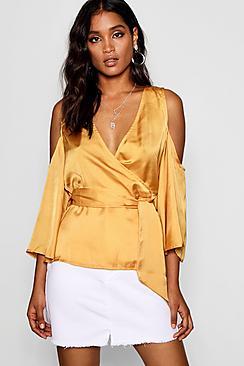 Boohoo Satin Wrap Cold Shoulder Top