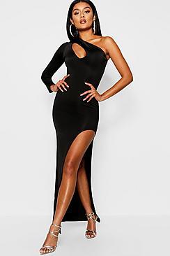 Boohoo Slash Detail Slinky One Shoulder Maxi Dress