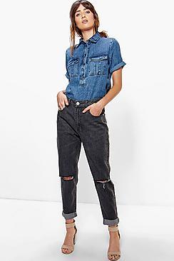 Boohoo Hatty High Rise Knee Rips Boyfriend Jeans