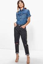 Boohoo Hatty High Rise Knee Rips Boyfriend Jeans