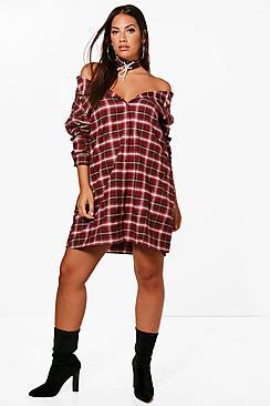 Boohoo Plus Rebecca Checked Lace Up Choker Shirt