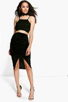 Boohoo Petite Olivia Rouched Split Front Midi Skirt Black