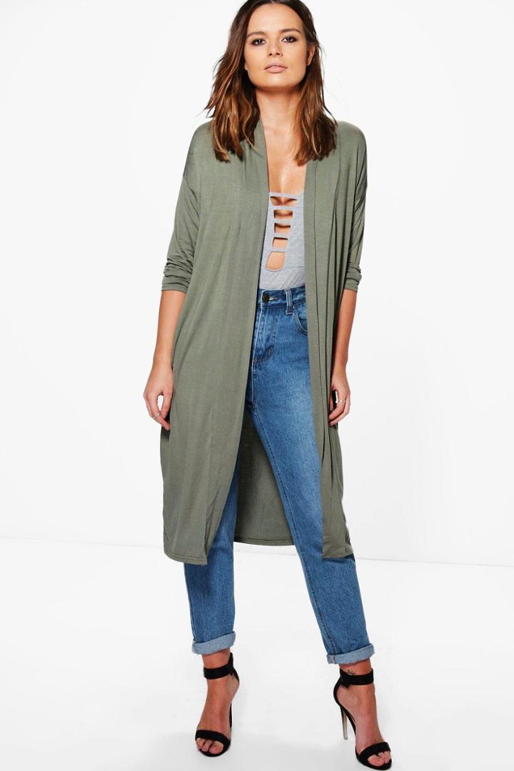 Boohoo Lucy Lightweight Shawl Collar Longline Duster Khaki