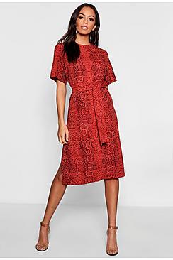 Boohoo Snake Print Tie Waist Midi Shift Dress