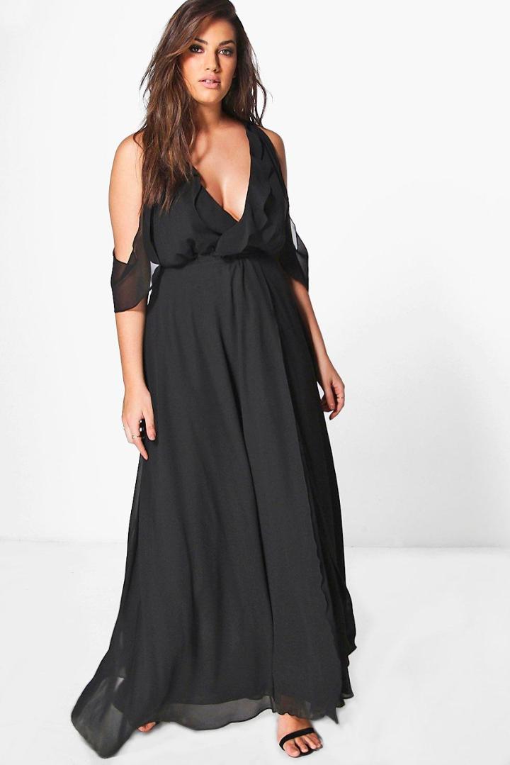 Boohoo Plus Jen Frill Detail Plunge Maxi Dress Black