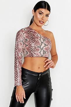 Boohoo Pu Snake One Shoulder Crop Top