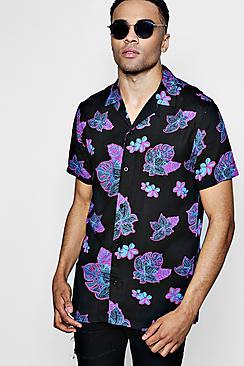 Boohoo Black Short Sleeve Contrast Leaf Print Revere Shirt