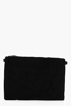 Boohoo Faux Pony Fur Zip Top Clutch And Chain
