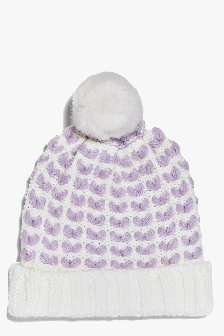 Boohoo Tia Faux Fur Pom Popcorn Knit Beanie Lilac