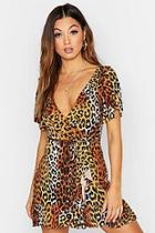 Boohoo Leopard Wrap Ruffle Tea Dress