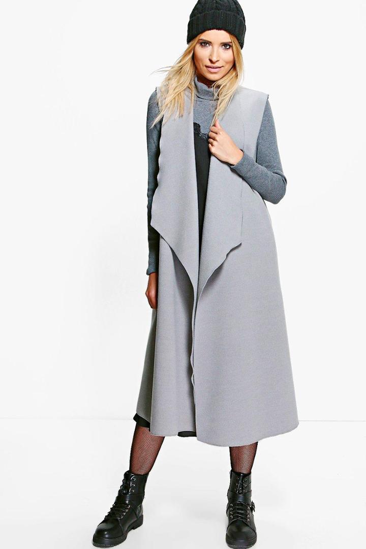 Boohoo Georgia Sleeveless Waterfall Wool Look Duster Grey