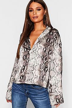 Boohoo Wide Sleeve Satin Snake Print Shirt