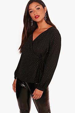 Boohoo Polly Metallic Spot Print Wrap Blouse