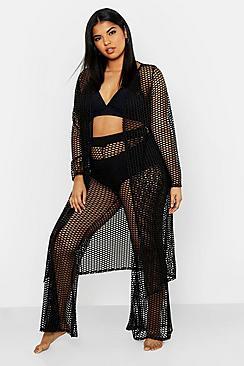 Boohoo Plus Open Mesh Maxi Beach Kimono