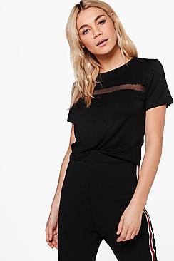 Boohoo Hollie Mesh Panel Ruffle T Shirt Crop