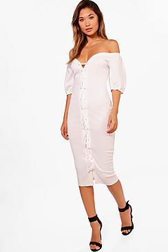 Boohoo Lara Off The Shoulder Eyelet Midi Dress