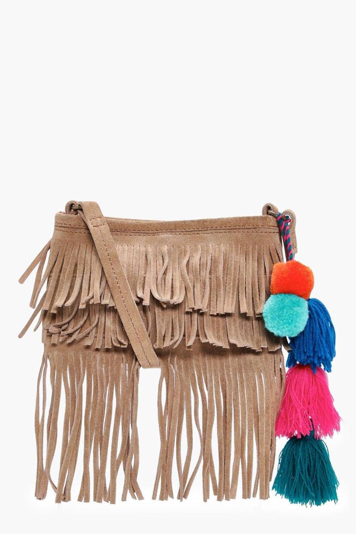 Boohoo Lacey Suede Leather Pom Cross Body Bag Taupe