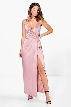 Boohoo Ria Draped Wrap Thigh Split Maxi Dress
