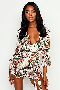 Boohoo Woven Mixed Animal Print Wrap Ruffle Playsuit
