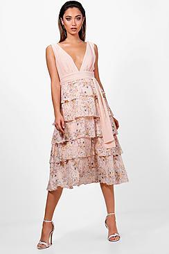 Boohoo Ditsy Belted Ruffle Midi Dress