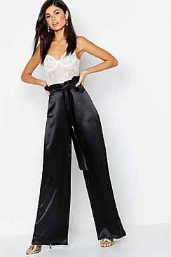 Boohoo Textured Satin Paperbag Wide Leg Trouser