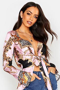 Boohoo Satin Chain Print Tie Front Top