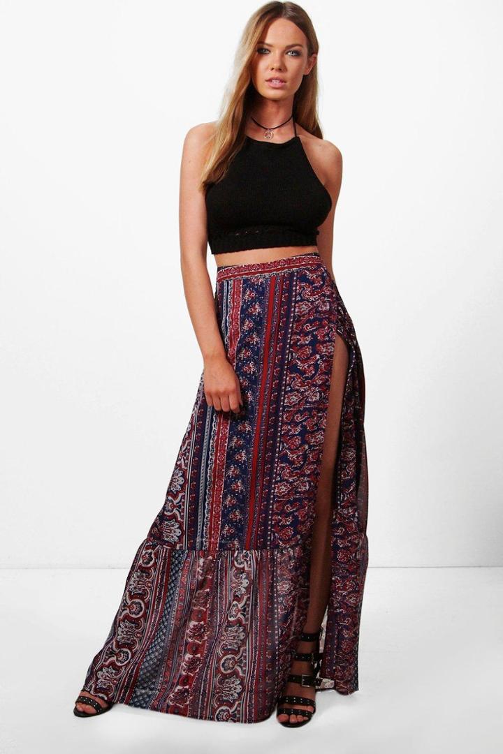Boohoo Autumn Wrap Front Woven Maxi Skirt Multi