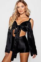 Boohoo Piper Satin Cold Shoulder Flared Tie Front Crop