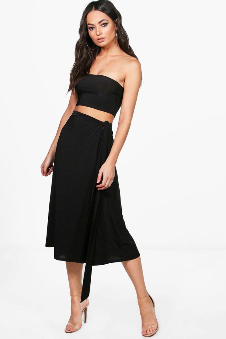 Boohoo Esme Slinky Bandeau & Tie Midi Skirt Co-ord Black