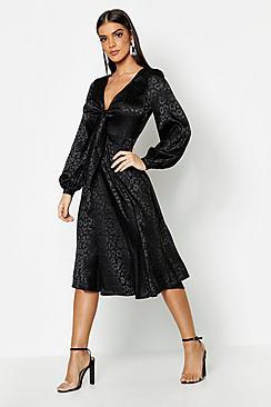 Boohoo Knot Front Flared Sleeve Jacquard Midi Dress
