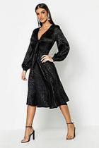 Boohoo Knot Front Flared Sleeve Jacquard Midi Dress