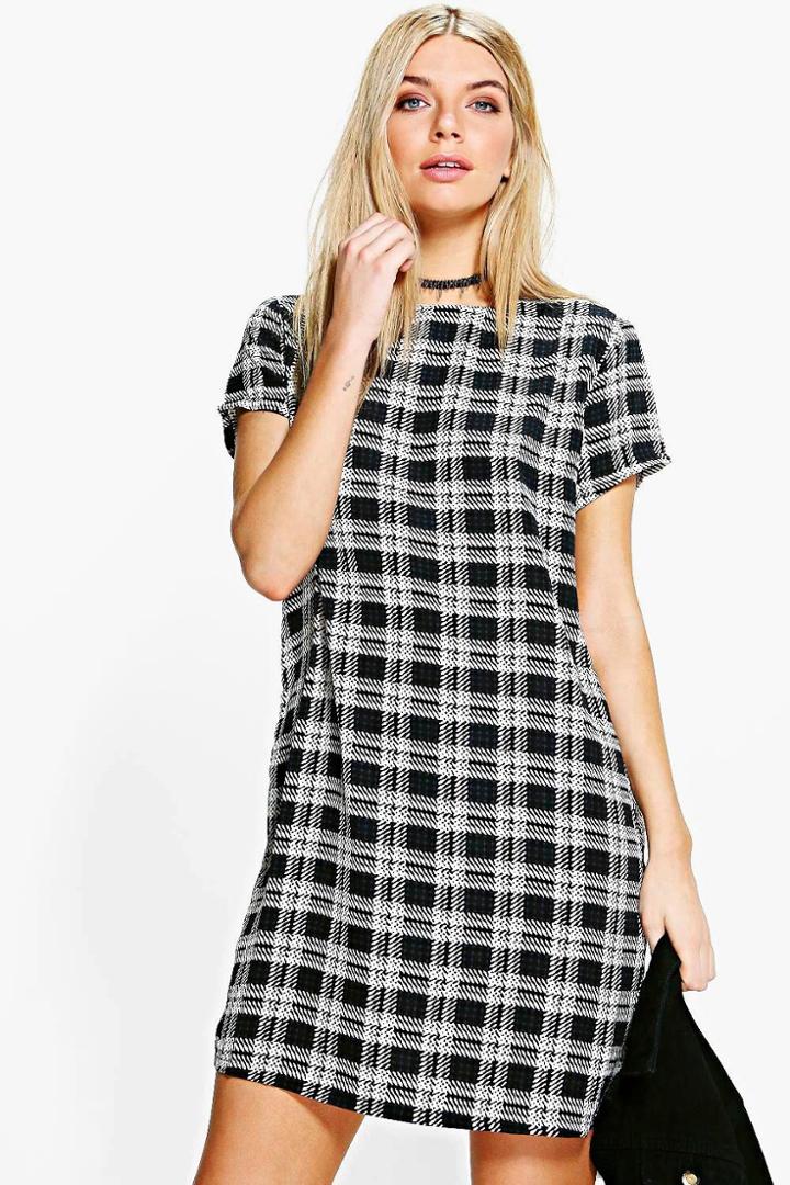 Boohoo Cally Check Cap Sleeved Shift Dress Black