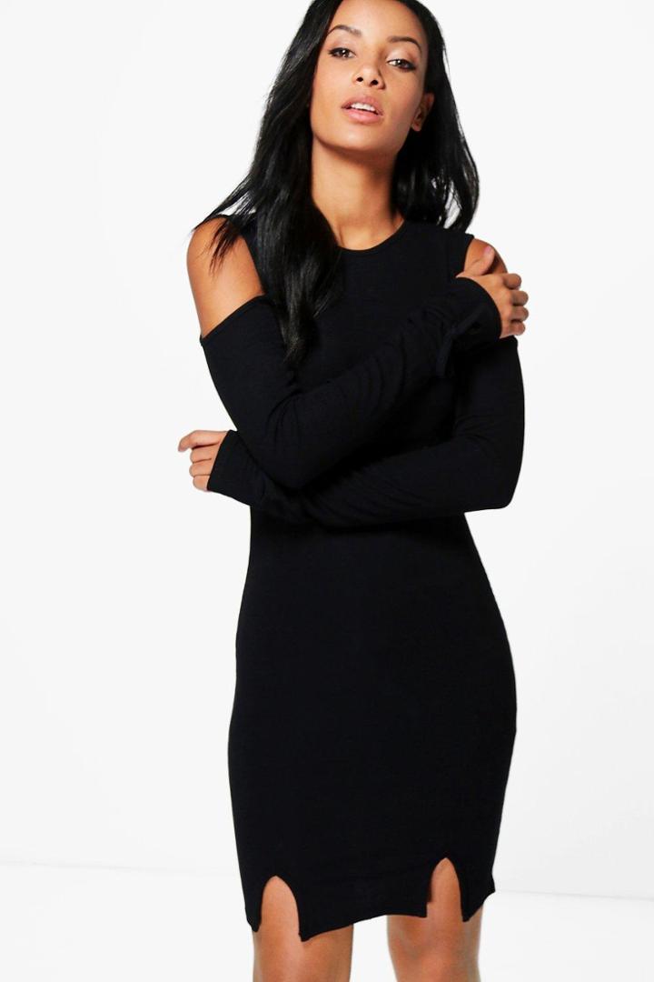 Boohoo Anna Tie Sleeve Ribbed Bodycon Dress Black