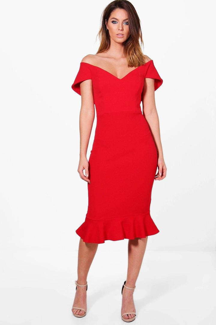 Boohoo Mai Sweetheart Off Shoulder Midi Dress Red