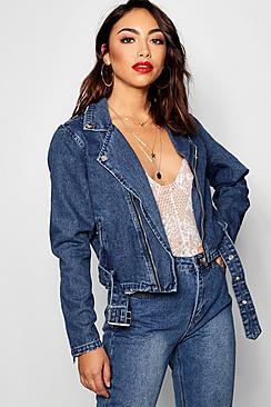 Boohoo Zosia Zip And Buckle Denim Biker Jacket