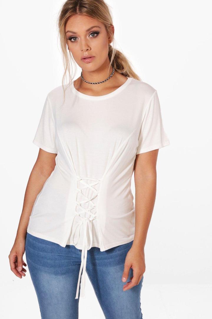Boohoo Plus Ellie Lace Up Short Sleeve Top Cream