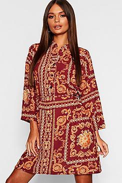 Boohoo Chain Print Tie Waist Shirt Dress