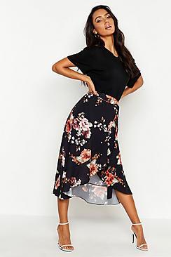 Boohoo Floral Wrap Ruffle Midi Skirt