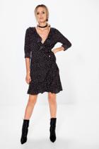 Boohoo Maeve Ruffle Spot Wrap Tea Dress Black