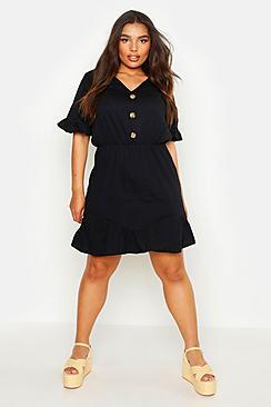 Boohoo Plus Rib Ruffle V Neck Smock Dress