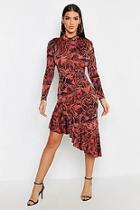 Boohoo Animal Print Ruffle Hem High Neck Midi Dress