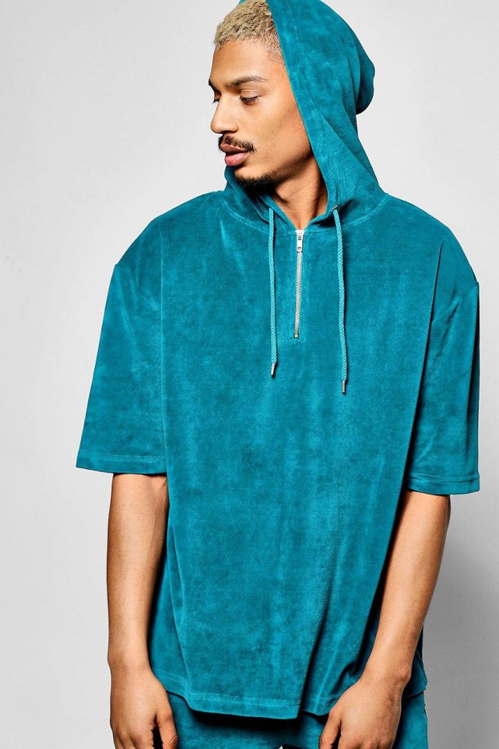 Boohoo Oversized Short Sleeve Velour Hoodie Teal