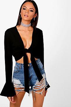 Boohoo Tall Tie Front Frill Sleeve Top