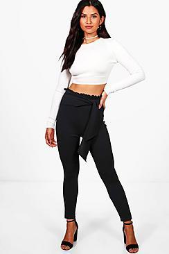 Boohoo Zarina Ruffle Waist Skinny Crepe Trousers