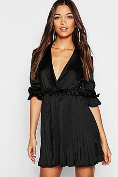 Boohoo Satin Pleated Plunge Neck Skater Dress