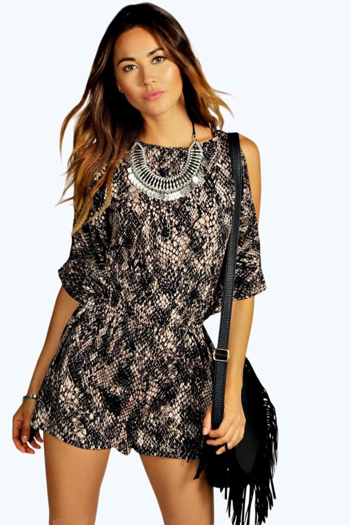 Boohoo Nia Snake Print Cold Shoulder Playsuit Multi