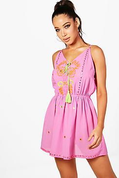 Boohoo Esme Embroidered Tassel Beach Dress
