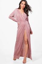 Boohoo Vicky Pleated Long Sleeve Wrap Maxi Dress Rose